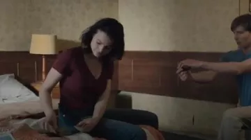 Dotti Red Button Front Rib Knit Top worn by Kirstie Darrow (Hannah Monson) in Glitch Season 3 Episode 3