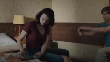 Dotti Red Button Front Rib Knit Top worn by Kirstie Darrow (Hannah Monson) in Glitch Season 3 Episode 3