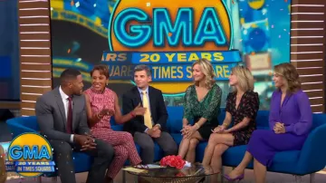 Boss tarera slim jacquard ankle pants worn by Robin Roberts on Good Morning America Weekend September 19, 2019