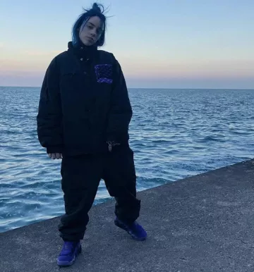 The jacket-pocket violet Fuck The Population range by Billie Eilish on a photo to Instagram