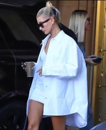 Mm6 Maison Margiela Padded Shirt Jacket worn by Hailey Baldwin Montage Hotel September 21, 2019