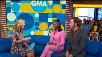Rebecca Vallance Pink Double breasted blazer Worn by Tika Sumpter on Good Morning America Weekend September 20, 2019