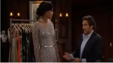 Monique Lhuillier Embellished Long-Sleeve Illusion Evening Gown with Feather Skirt worn by Kyra Green on The Bold and the Beautiful September 20, 2019