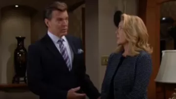 St. john Collection Navy Dot­ted Tweed Knit Jack­et worn by Chelsea Lawson Newman (Melissa Claire Egan) as seen on The Young and the Restless September 23, 2019