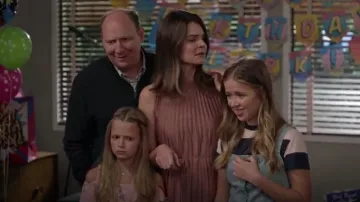 Vince. pleated satin crepe midi dress worn by Heather (Betsy Brandt) in Life in Pieces Season 4 Episode 6