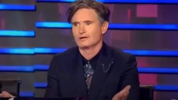 Moss london slim fit double breasted suit jacket with stretch in navy worn by Panelist (Dave Hughes) in The Masked Singer AU Season 1 Episode 1