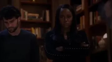 Karen Millen black studded cardigan worn by Michaela Pratt (Aja Naomi King) in How to Get Away with Murder S06E01