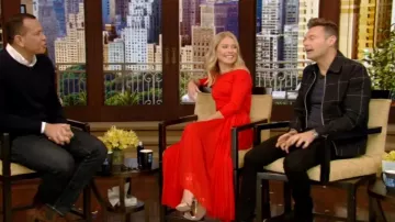 Alexander Mcqueen off the shoulder plissé dress worn by Kelly Ripa on LIVE with Kelly and Ryan September 27, 2019