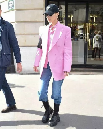 Prada 55mm lace up zip pouch platform moto boots worn by Bella Hadid Paris September 30, 2019