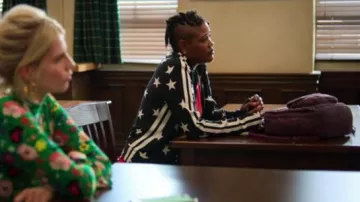 Norma Kamali black star print side stripe turtle jacket worn by Skye (Rahne Jones) in The Politician Season 1 Episode 3