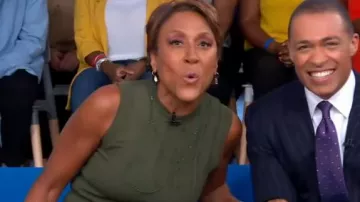 Yigal Azrouël patchwork robe en maille porté par Robin Roberts sur Good Morning America Week-end du 1er octobre 2019