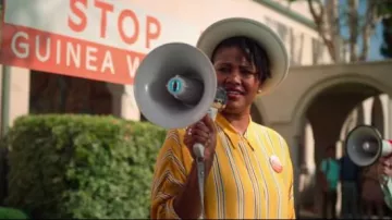 Topshop yellow stripe drawstring shirt dress worn by Skye (Rahne Jones) in The Politician Season 1 Episode 3