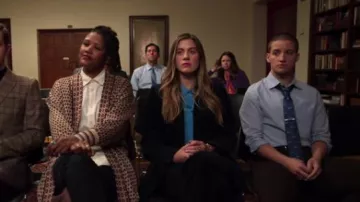 Sandro blue silk shirt with pussy bow collar worn by McAfee (Laura Dreyfuss) in The Politician Season 1 Episode 6