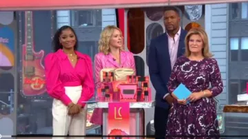 Rotate N.23 double-breasted jacquard blazer dress worn by Sara Haines on Good Morning America Weekend October 2, 2019