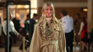 Valentino Tiger print trench coat worn by Georgina Hobart (Gwyneth Paltrow) in The Politician Season 1 Episode 7