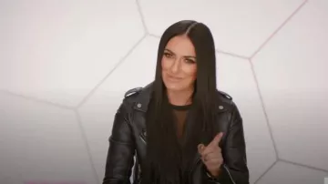 Iro black leather jacket worn by Sonya Deville (Daria Berenato) in Total Divas Season 09 Episode 01