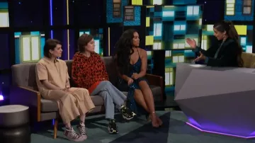 R13 orange leopard cashmere hoodie worn by Tegan Martin on A Little Late with Lilly Singh October 4, 2019