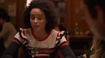 Chinti & parker colour-block frill sweater worn by Maya (Nathalie Emmanuel) in Four Weddings and a Funeral Season 1 Episode 4