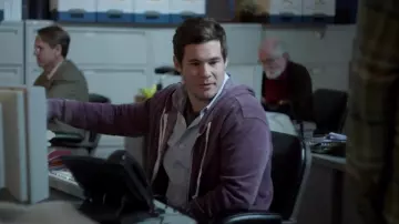 Purple lined zip up fleece hoodie worn by Phil (Adam DeVine) in Jexi