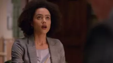 Emporio Armani Ice Grey Stretch-Silk Satin Top in Light Blue worn by Maya (Nathalie Emmanuel) in Four Weddings and a Funeral Season 1 Episode 8