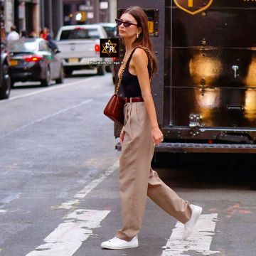 Veja esplar leather sneaker in extra white worn by Emily Ratajkowski With Her Dog October 7, 2019