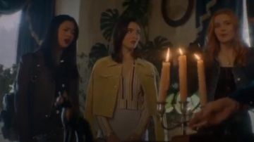 Anthropologie Yellow Suede trucker jacket worn by Bess (Maddison Jaizani) in Nancy Drew Season 1 Episode 1