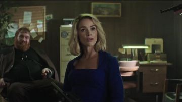 Blue square neck work dress worn by Doris Dearie (Abigail Spencer) in Reprisal (S01)