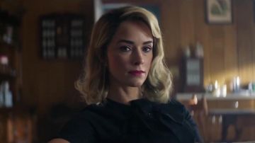 Black bow neck short sleeve dress worn by Doris Dearie (Abigail Spencer) in Reprisal (S01)