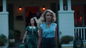 Sky blue sleeveless open collar blouse worn by Doris Dearie (Abigail Spencer) in Reprisal (S01)