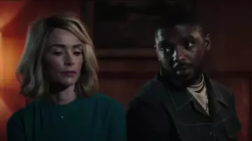 Green crewneck sweater worn by Doris Dearie (Abigail Spencer) in Reprisal (S01)