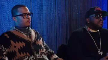 Brown cashmere geometric knit cardigan worn by T.I. in Rhythm + Flow (S01E03)