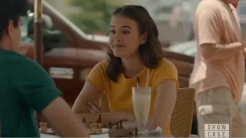 ASOS design yellow shirred fitted t-shirt with short sleeve worn by Josie Saltzman (Kaylee Bryant) in Legacies Season 2 Episode 1