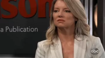 Elie tahari kiersten chaqueta de un solo botón a rayas usada por Nina Reeves (Cynthia Watros) vista en el Hospital General 11 de octubre de 2019