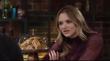 Ba&sh macha high-neck asym­met­ri­cal dress worn by Summer Newman (Hunter King) as seen on The Young and the Restless October 10, 2019