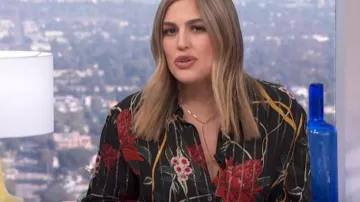 Ba&Sh petunia floral metallic stripe shirt worn by Carissa Loethen on E! News October 11, 2019