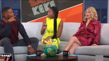 Ganni sam­ba long sleeve silk stretch satin wrap dress worn by Sara Haines on Good Morning America October 11, 2019