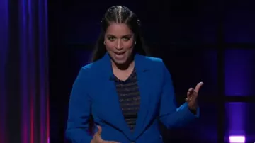 Rachel comey booth tee in blue worn by Lilly Singh on A Little Late with Lilly Singh October 7, 2019