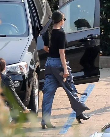 Balenciaga Patent Square Toe Block Heel Bootie worn by Selena Gomez Nobu Malibu October 12, 2019