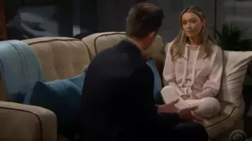 NSF is­abel french ter­ry hood­ie in blush pink worn by Florence 'Flo' Fulton (Katrina Bowden) as seen on The Bold and the Beautiful October 15, 2019