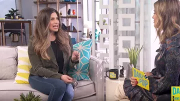 Blank NYC burnt sage suede mo­to jack­et worn by Danielle Fishel on E! News October 15, 2019