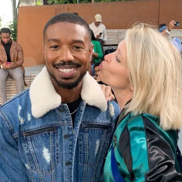 Jean jacket with collar imitation sheep skin and white zippers on the pockets worn by Michael B. Jordan on the account Instagram of @peggfrey