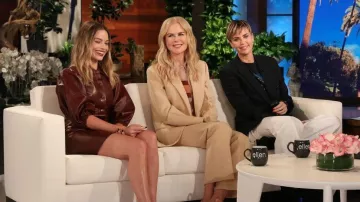 Ganni Lamb Leather Button Down Mini Dress worn by Margot Robbie the Ellen Degeneres Show October 15, 2019