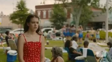 Aqua Red Floral-Print Ruffled Dress worn by Josie Saltzman (Kaylee Bryant) in Legacies Season 2 Episode 1