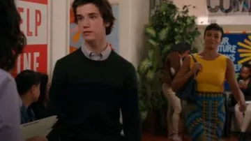 Bcbgmaxazria mixed geo motif pencil skirt worn by Angela (Carly Hughes) in American Housewife Season 04 Episode 04