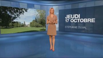Vestido curvo de cuello de solapa de Stephanie Duval en el clima de M6 del 17 de octubre de 2019