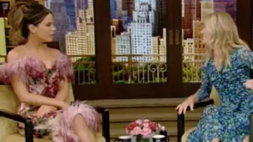 Marchesa Feather-Trimmed Floral-Print Silk Dress worn by Kate Beckinsale on LIVE with Kelly and Ryan October 23, 2019