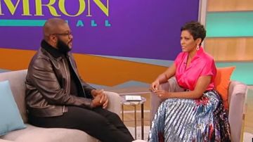 Dries Van Noten Pleat­ed Se­quined Flo­ral-Print Tulle Mi­di Skirt worn by Tamron Hall on Tamron Hall Show October 22, 2019