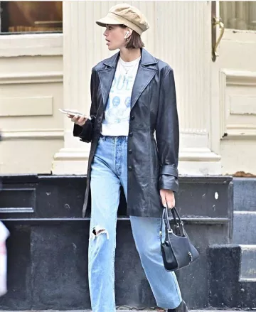 Danielle Guizo Chaqueta de cuero con cinturón usada por Kaia Jordan Gerber Ciudad de Nueva York 22 de octubre de 2019
