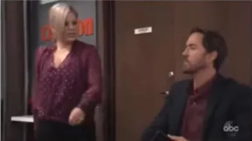 Ba&sh cabri print­ed key­hole long-sleeve top worn by Maxie Jones (Kirsten Storms) as seen on General Hospital October 25, 2019