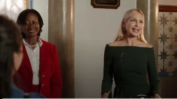 Roland Mouret green off-the-shoulder dress worn by Melissa Daniels (Kelly Rutherford) in Dynasty Season 03 Episode 03